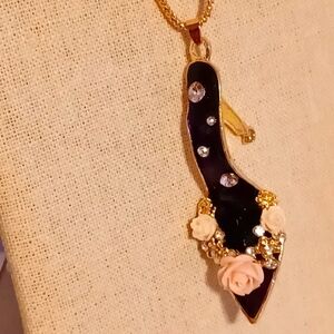 Betsey Johnson Black Heel Flower Shoe Ball Chain Necklace w/Tags